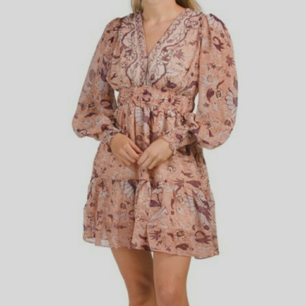 💎O.P.T Long Sleeve Bohemian Pink & Gold Mini Dress